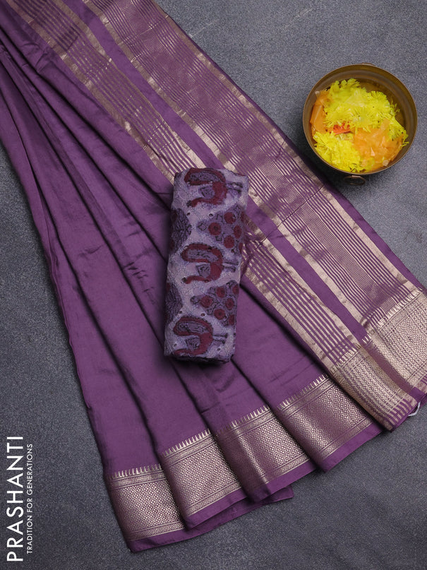 Semi chanderi saree violet and beige with plain body and zari woven border