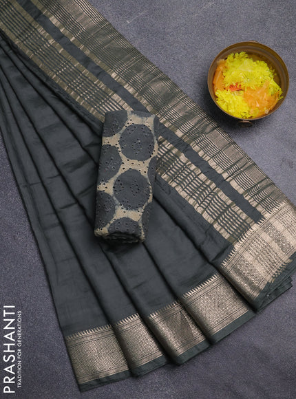 Semi chanderi saree grey and beige with plain body and zari woven border