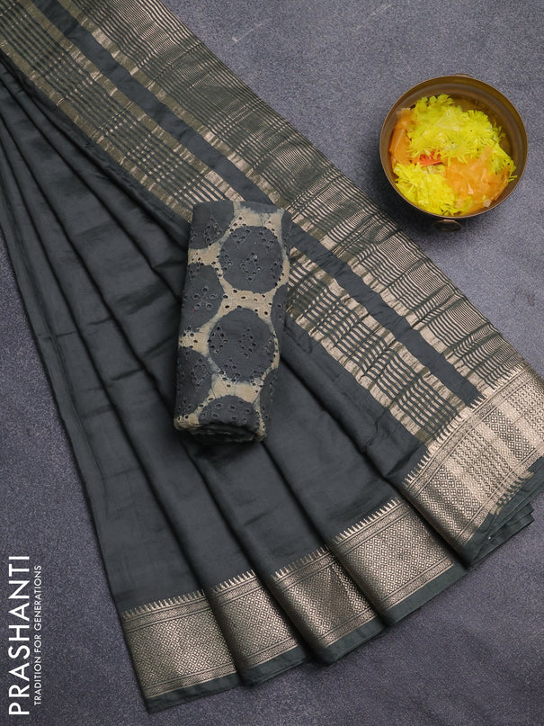 Semi chanderi saree grey and beige with plain body and zari woven border