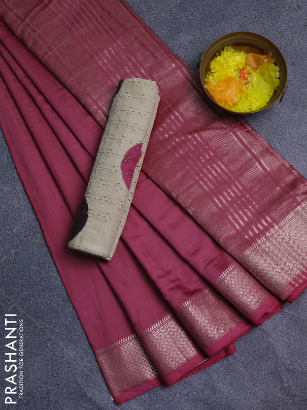Semi chanderi saree mauve pink and beige with plain body and zari woven border