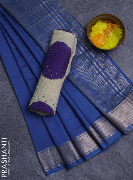 Semi chanderi saree blue and beige with plain body and zari woven border