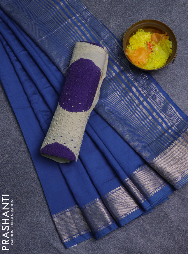 Semi chanderi saree blue and beige with plain body and zari woven border