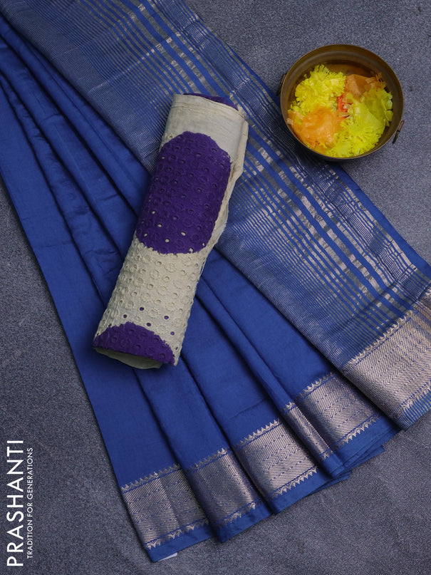 Semi chanderi saree blue and beige with plain body and zari woven border