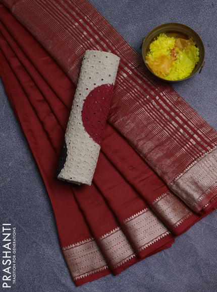 Semi chanderi saree red and beige with plain body and zari woven border
