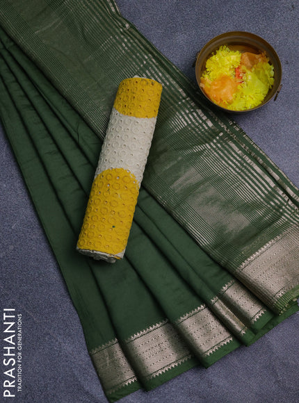Semi chanderi saree sap green and beige with plain body and zari woven border