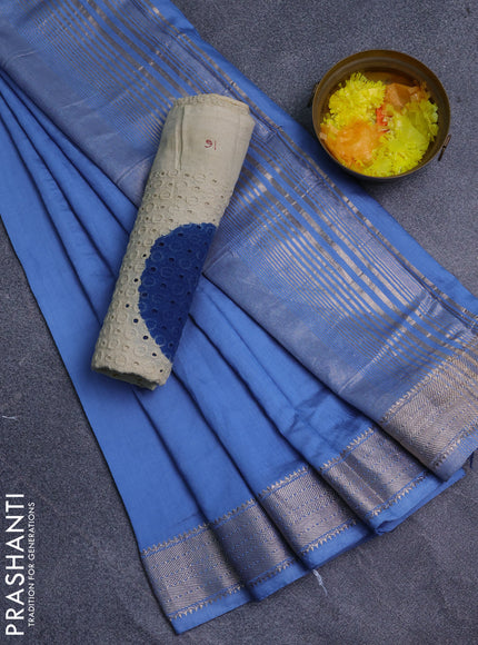 Semi chanderi saree pastel blue and beige with plain body and zari woven border