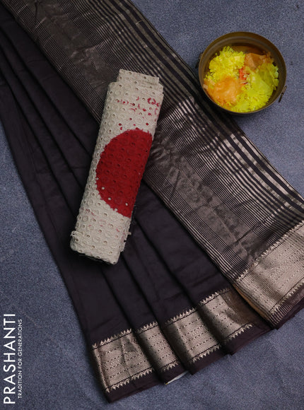 Semi chanderi saree coffee brown and beige with plain body and zari woven border
