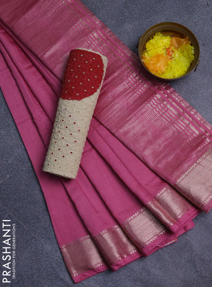 Semi chanderi saree mauve pink and beige with plain body and zari woven border