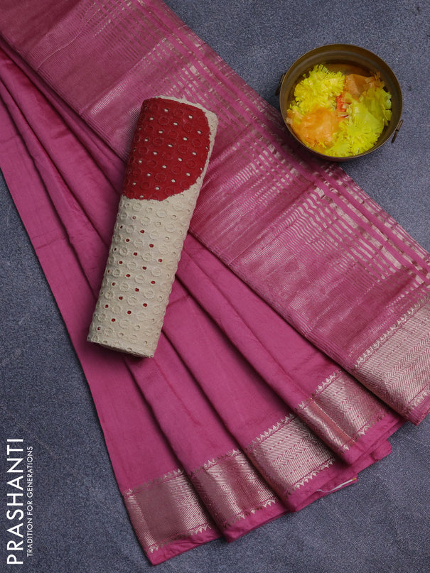 Semi chanderi saree mauve pink and beige with plain body and zari woven border