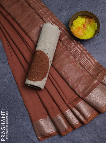 Semi chanderi saree brown and beige with plain body and zari woven border
