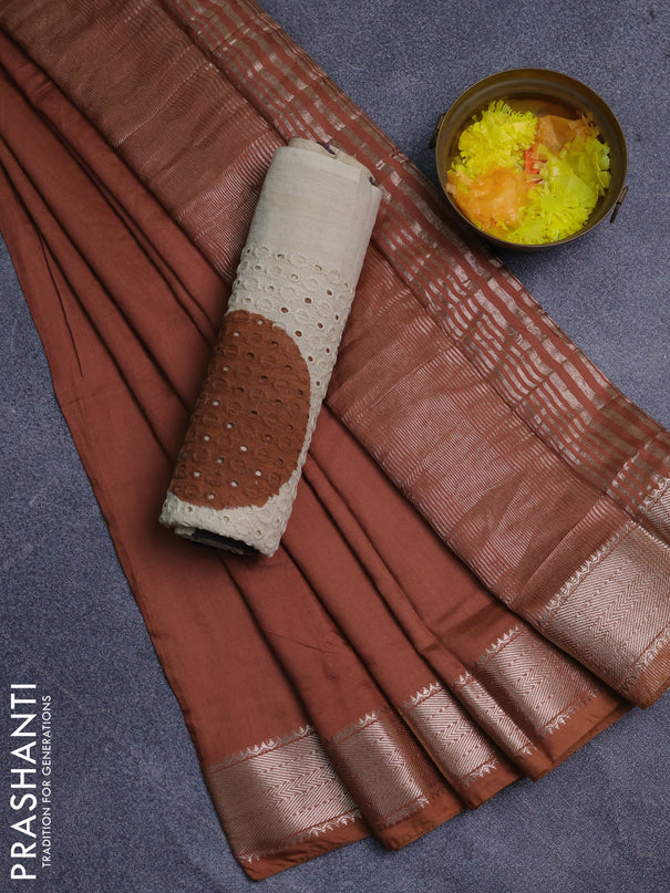 Semi chanderi saree brown and beige with plain body and zari woven border