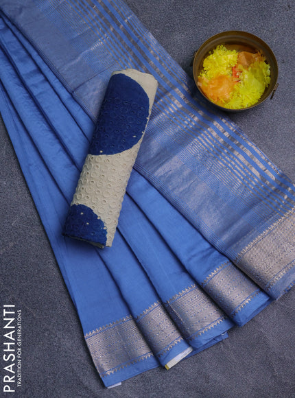 Semi chanderi saree pastel blue and beige with plain body and zari woven border