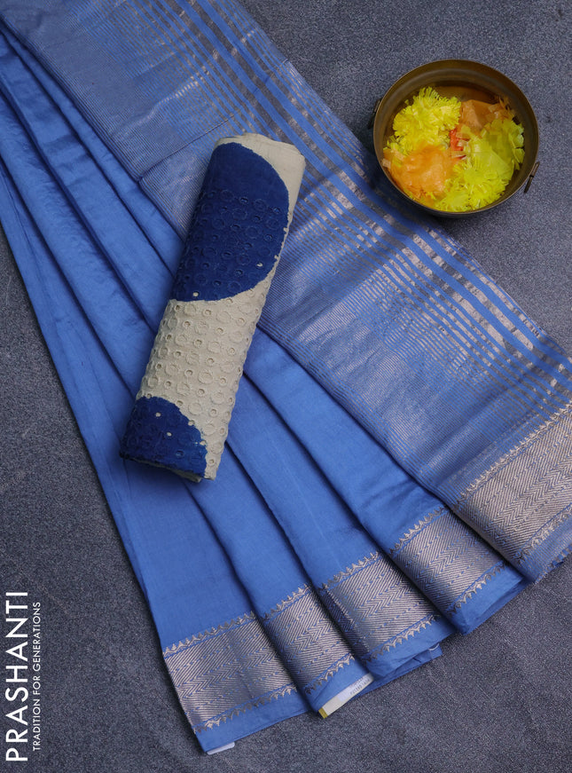 Semi chanderi saree pastel blue and beige with plain body and zari woven border