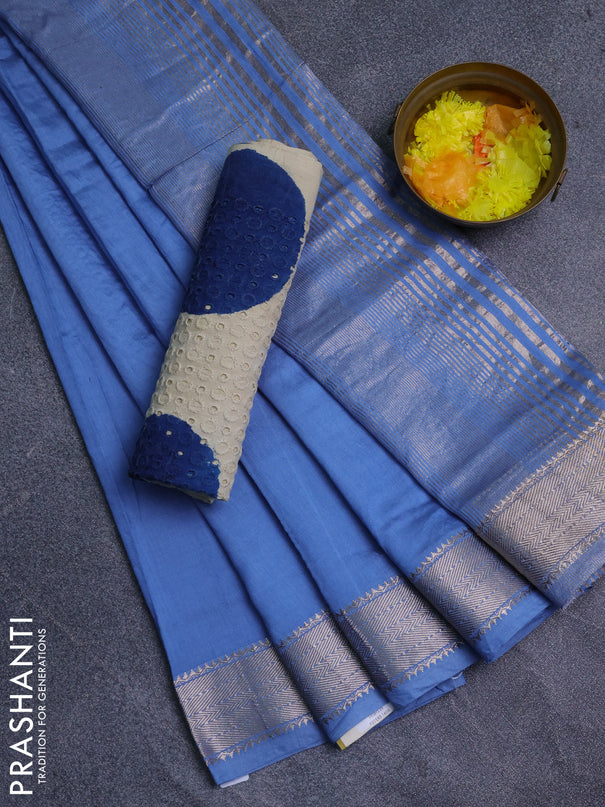 Semi chanderi saree pastel blue and beige with plain body and zari woven border