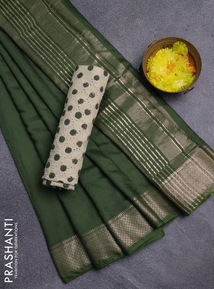 Semi chanderi saree sap green and beige with plain body and zari woven border