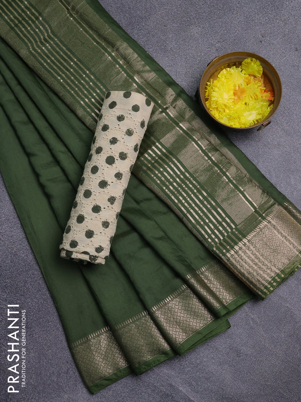 Semi chanderi saree sap green and beige with plain body and zari woven border