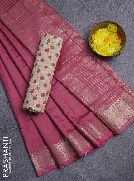 Semi chanderi saree mauve pink and beige with plain body and zari woven border
