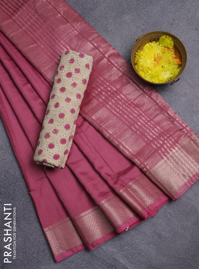 Semi chanderi saree mauve pink and beige with plain body and zari woven border