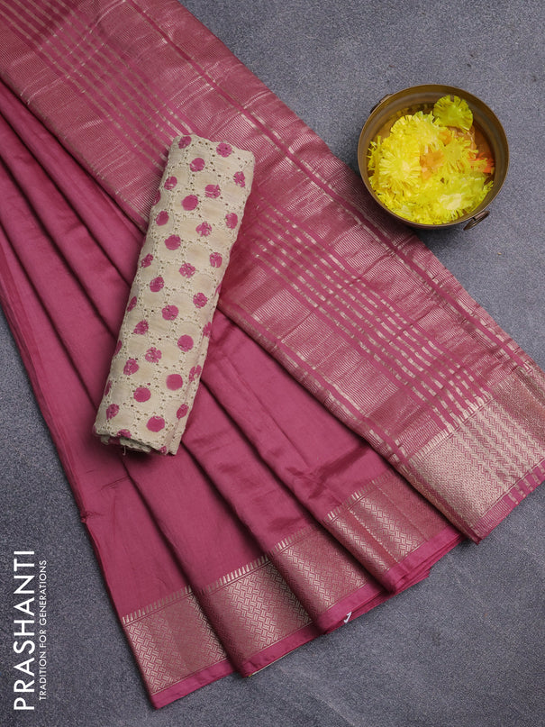 Semi chanderi saree mauve pink and beige with plain body and zari woven border