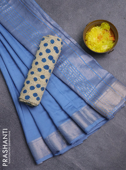 Semi chanderi saree pastel blue and beige with plain body and zari woven border