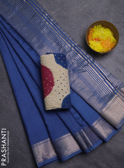 Semi chanderi saree blue and beige with plain body and zari woven border