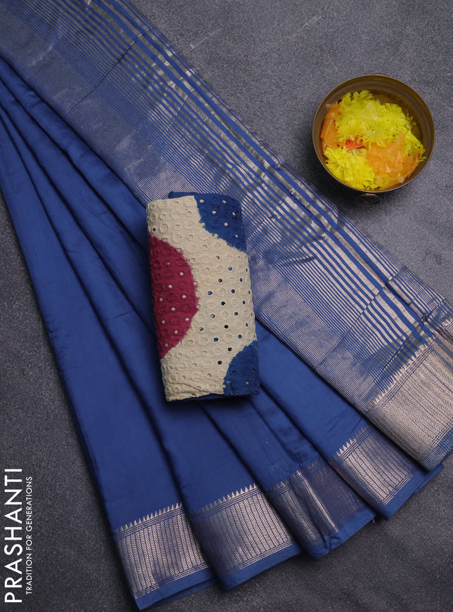 Semi chanderi saree blue and beige with plain body and zari woven border