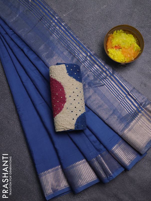 Semi chanderi saree blue and beige with plain body and zari woven border
