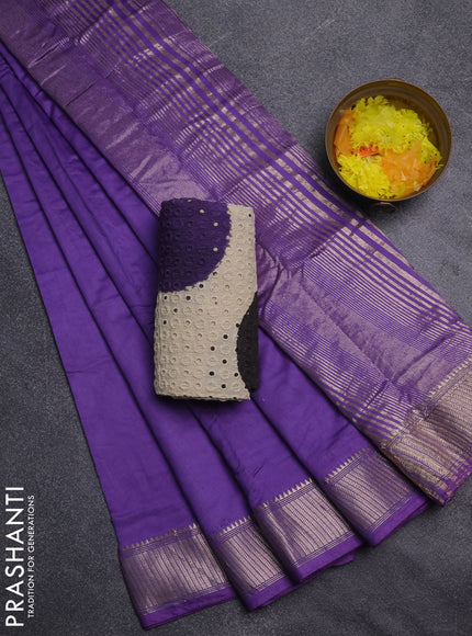 Semi chanderi saree lavender and beige with plain body and zari woven border