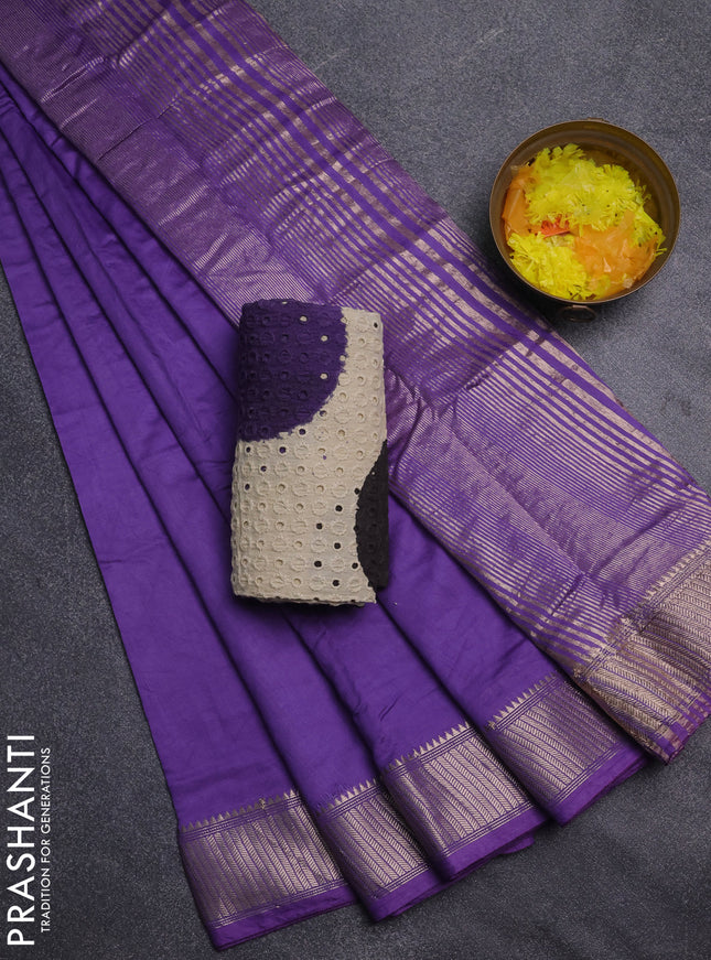 Semi chanderi saree lavender and beige with plain body and zari woven border