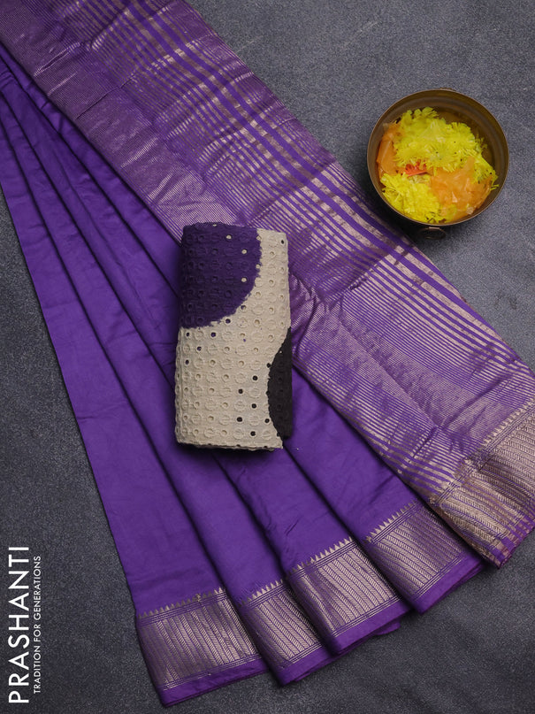 Semi chanderi saree lavender and beige with plain body and zari woven border