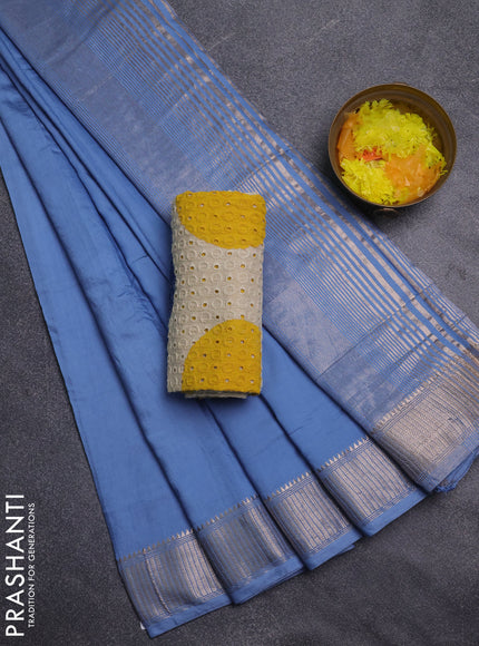 Semi chanderi saree pastel blue and beige with plain body and zari woven border