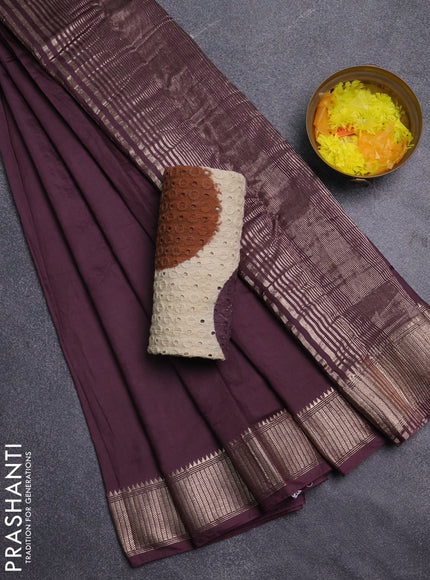 Semi chanderi saree wine shade and beige with plain body and zari woven border