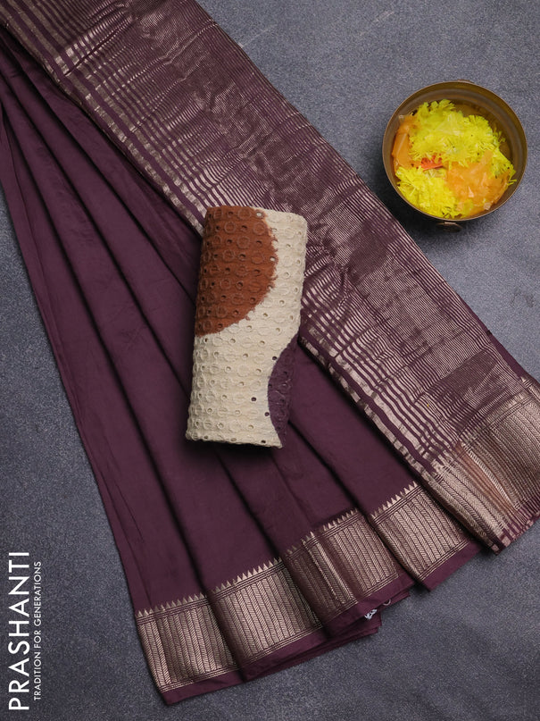 Semi chanderi saree wine shade and beige with plain body and zari woven border