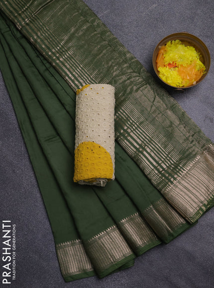 Semi chanderi saree green and beige with plain body and zari woven border
