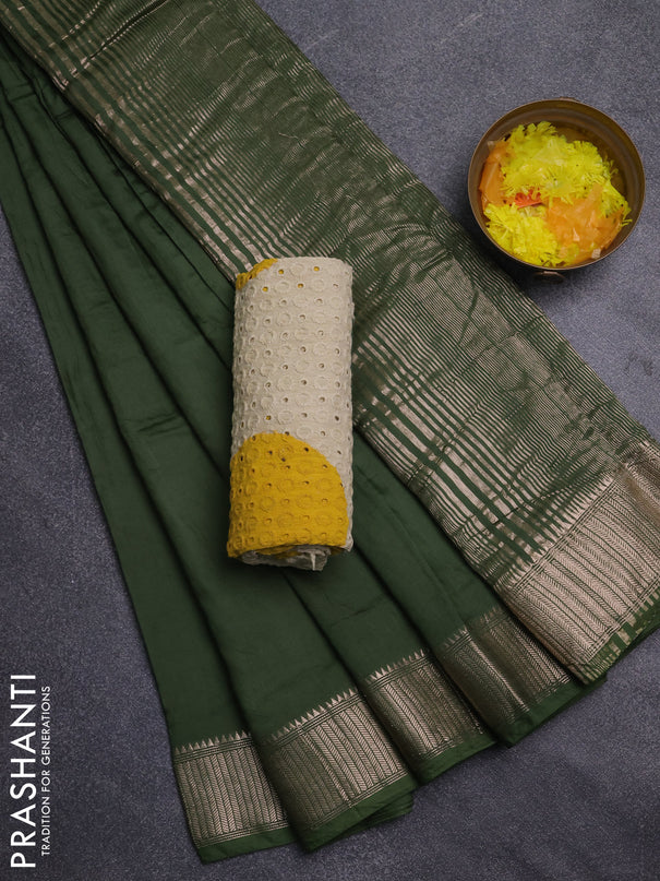 Semi chanderi saree green and beige with plain body and zari woven border