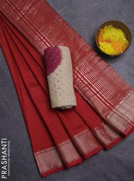 Semi chanderi saree maroon and beige with plain body and zari woven border