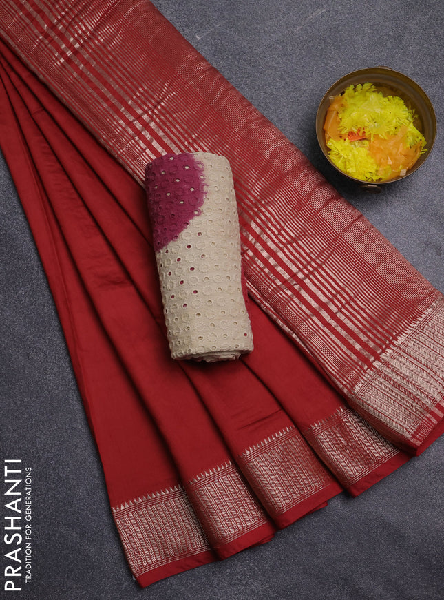 Semi chanderi saree maroon and beige with plain body and zari woven border