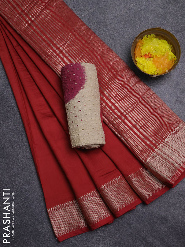 Semi chanderi saree maroon and beige with plain body and zari woven border