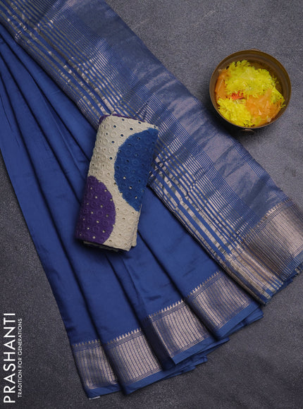 Semi chanderi saree blue and beige with plain body and zari woven border
