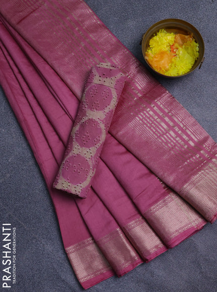Semi chanderi saree mauve pink and beige with plain body and zari woven border