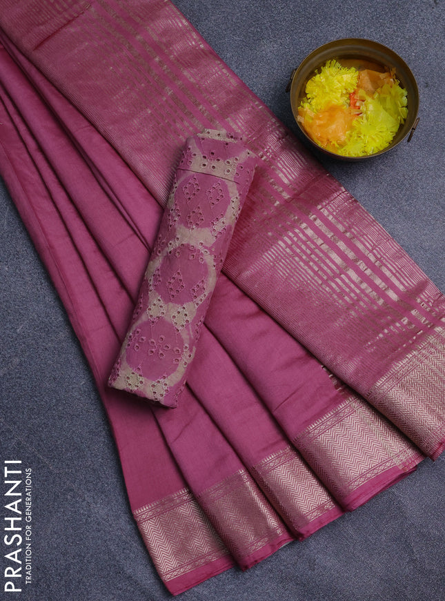Semi chanderi saree mauve pink and beige with plain body and zari woven border