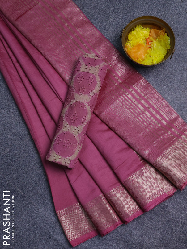 Semi chanderi saree mauve pink and beige with plain body and zari woven border