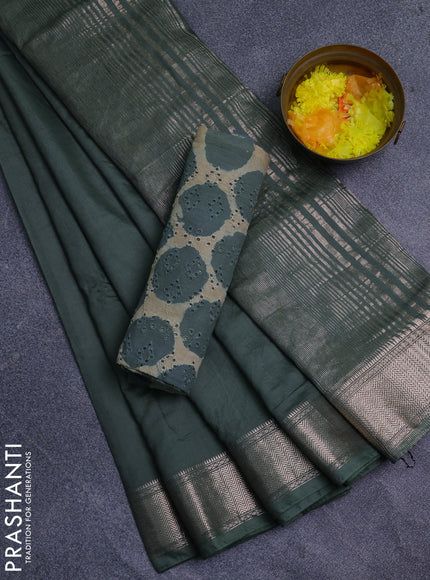 Semi chanderi saree green and beige with plain body and zari woven border