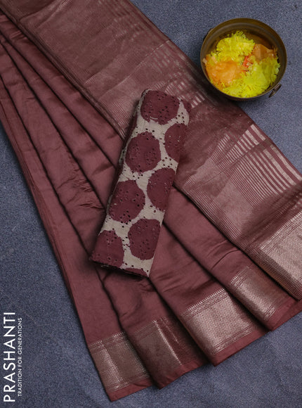Semi chanderi saree brown and beige with plain body and zari woven border