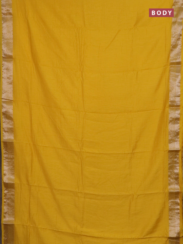 Semi chanderi saree yellow and beige blue with plain body and zari woven border