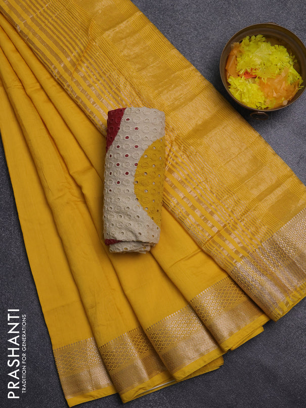 Semi chanderi saree yellow and beige green with plain body and zari woven border