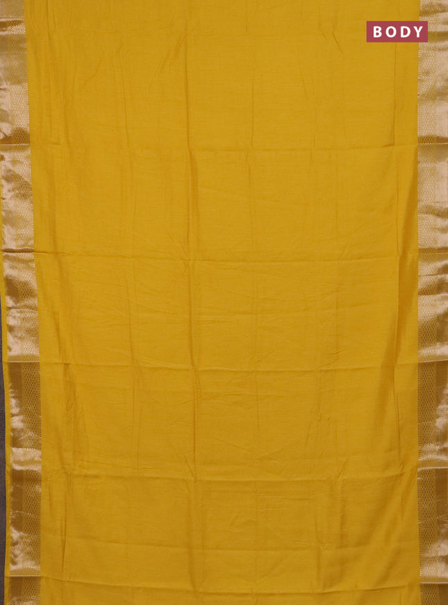 Semi chanderi saree yellow and beige green with plain body and zari woven border