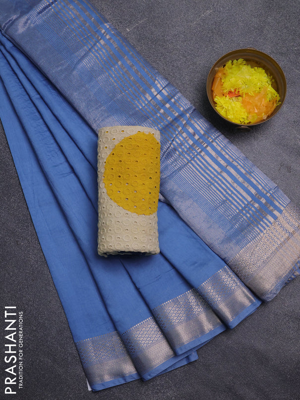 Semi chanderi saree pastel blue and beige with plain body and zari woven border