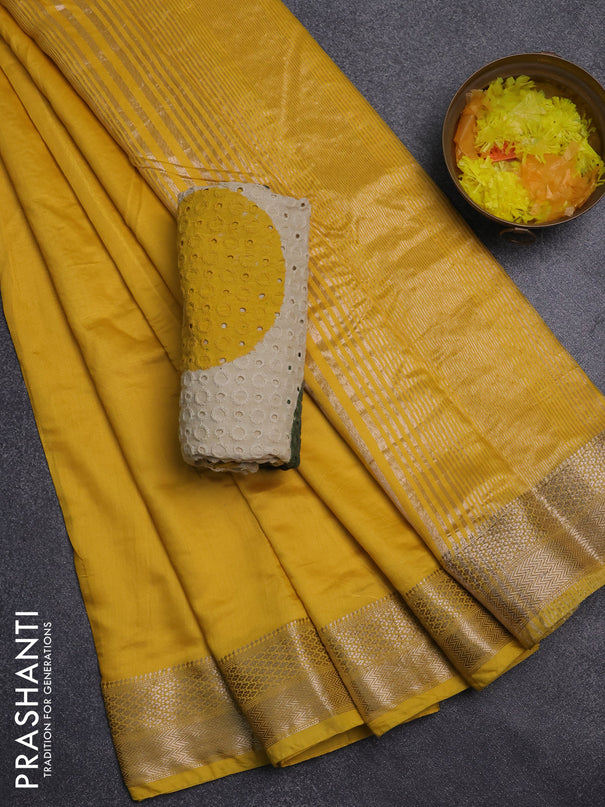 Semi chanderi saree yellow and beige maroon with plain body and zari woven border