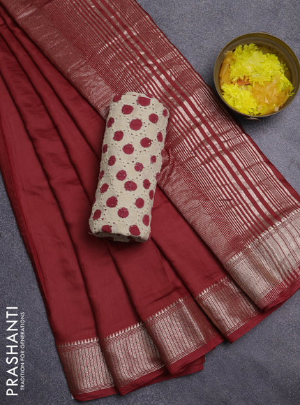 Semi chanderi saree maroon and beige with plain body and zari woven border